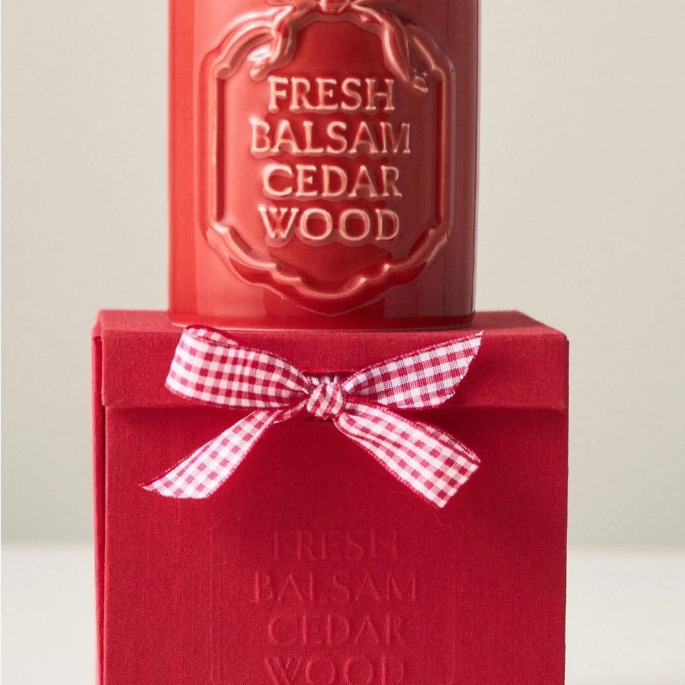 Anthropologie Gingham Bow Woody Fresh Balsam & Cedar Wood Ceramic Candle | NIB